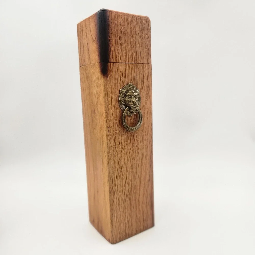 Vintage‎ Oak Wood Match Box Tall Lion Head Knocker Singed Detail Rustic Gothic